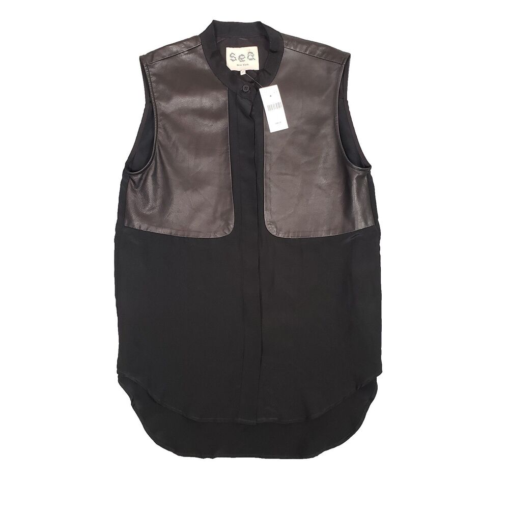 Sea New York Silk & Lamb Leather Sleeveless Blouse Black Size 2 Made‎ in USA NWT